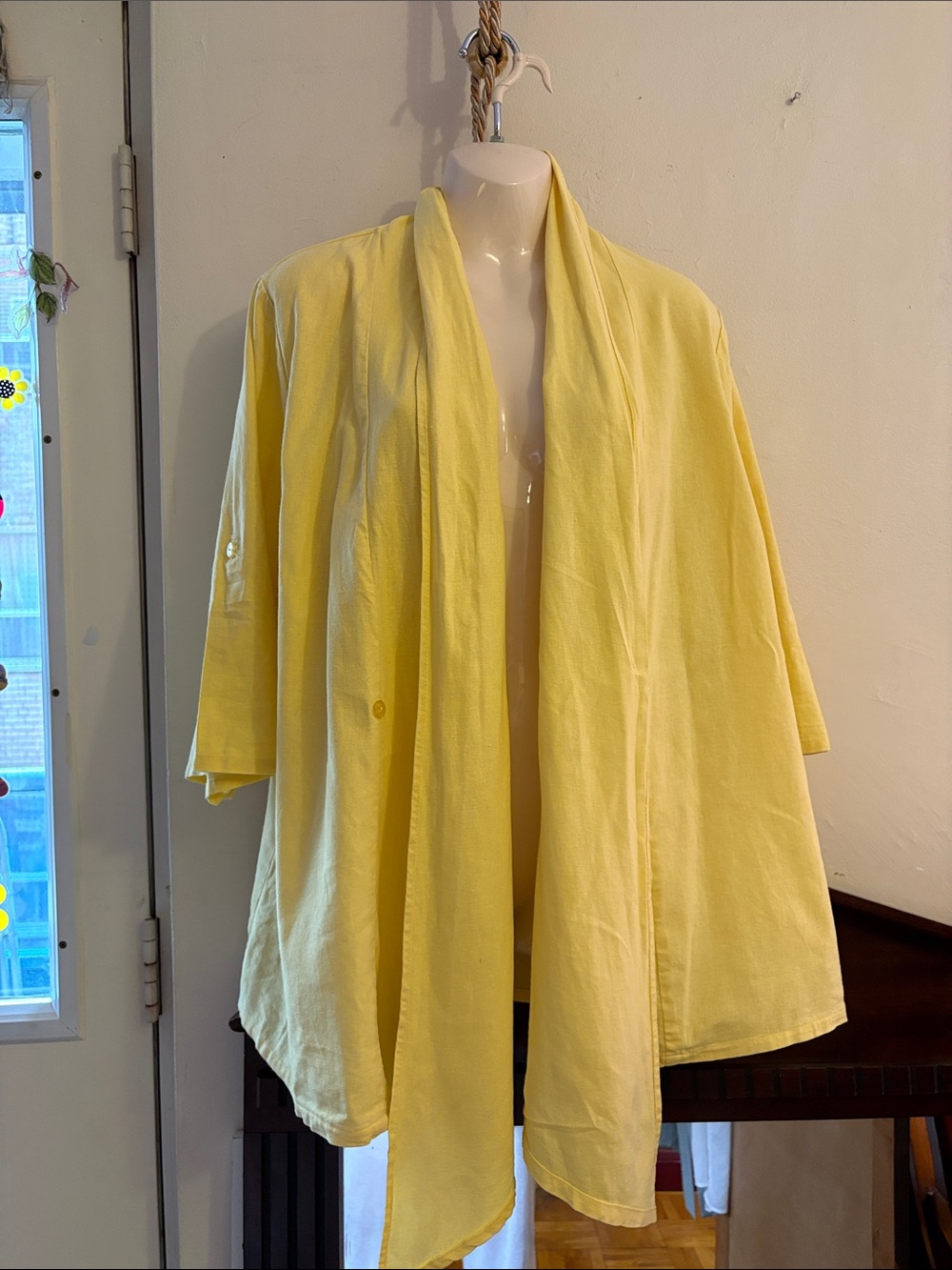 Penningtons Soft Yellow Open-Front Draped Cape. Linen. Rayon